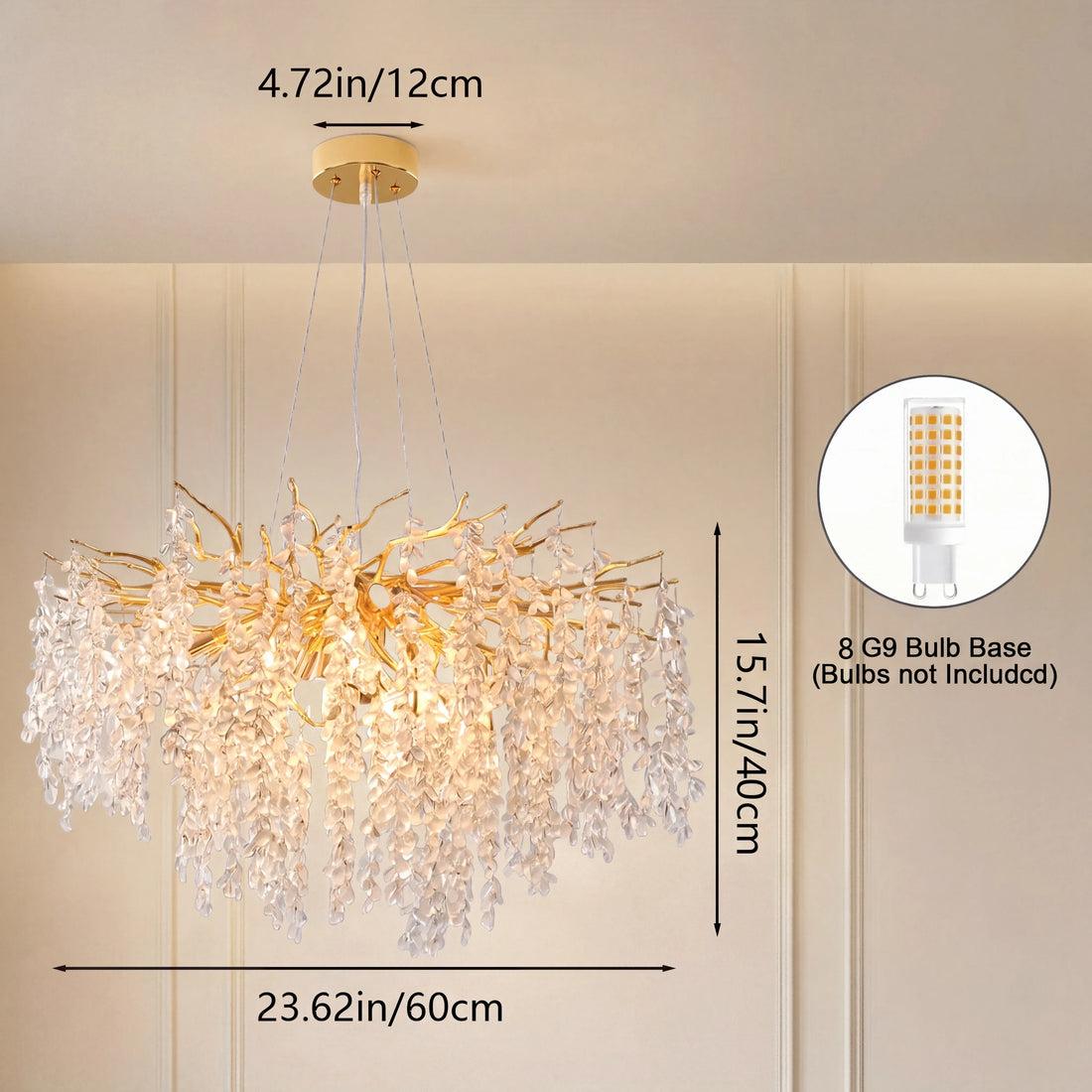 Maßzeichnung: Ø 60 cm, Höhe 40 cm, Baldachin Ø 12 cm, 8 × G9