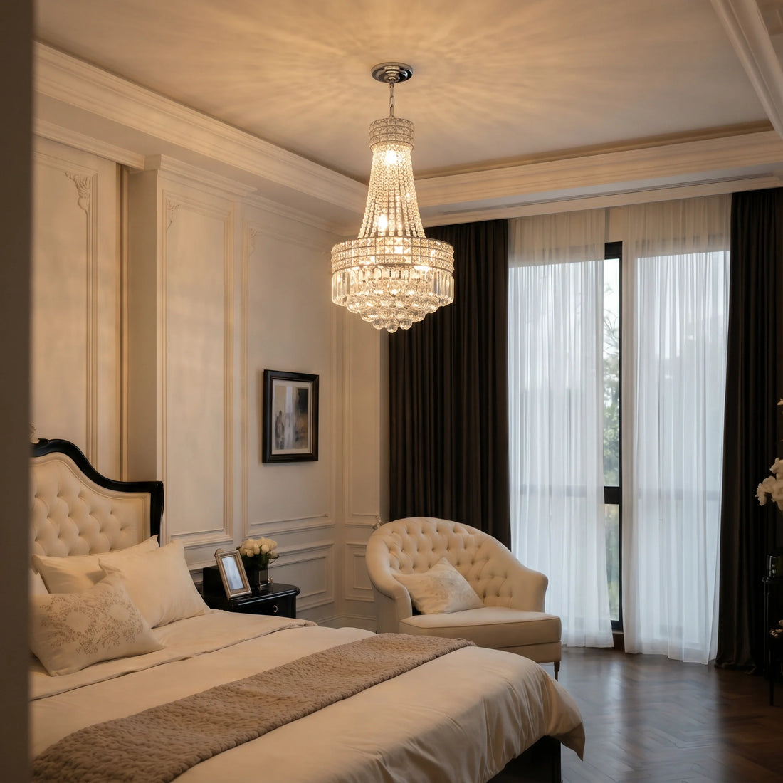 Kristall-Kronleuchter im Schlafzimmer
