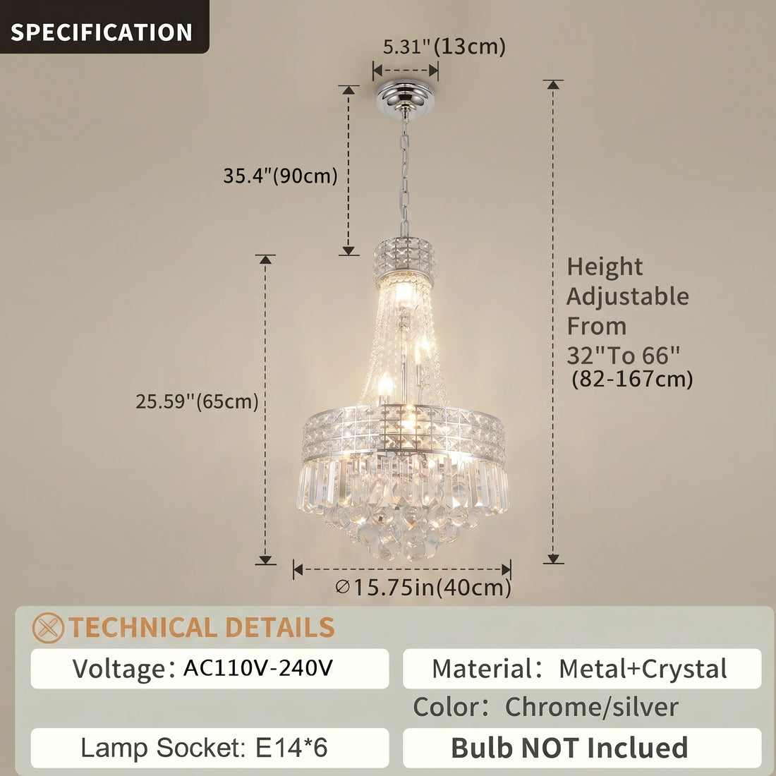 Maßzeichnung: Ø 40 cm, Leuchtenkörper 65 cm, Gesamthöhe 82 bis 167 cm
