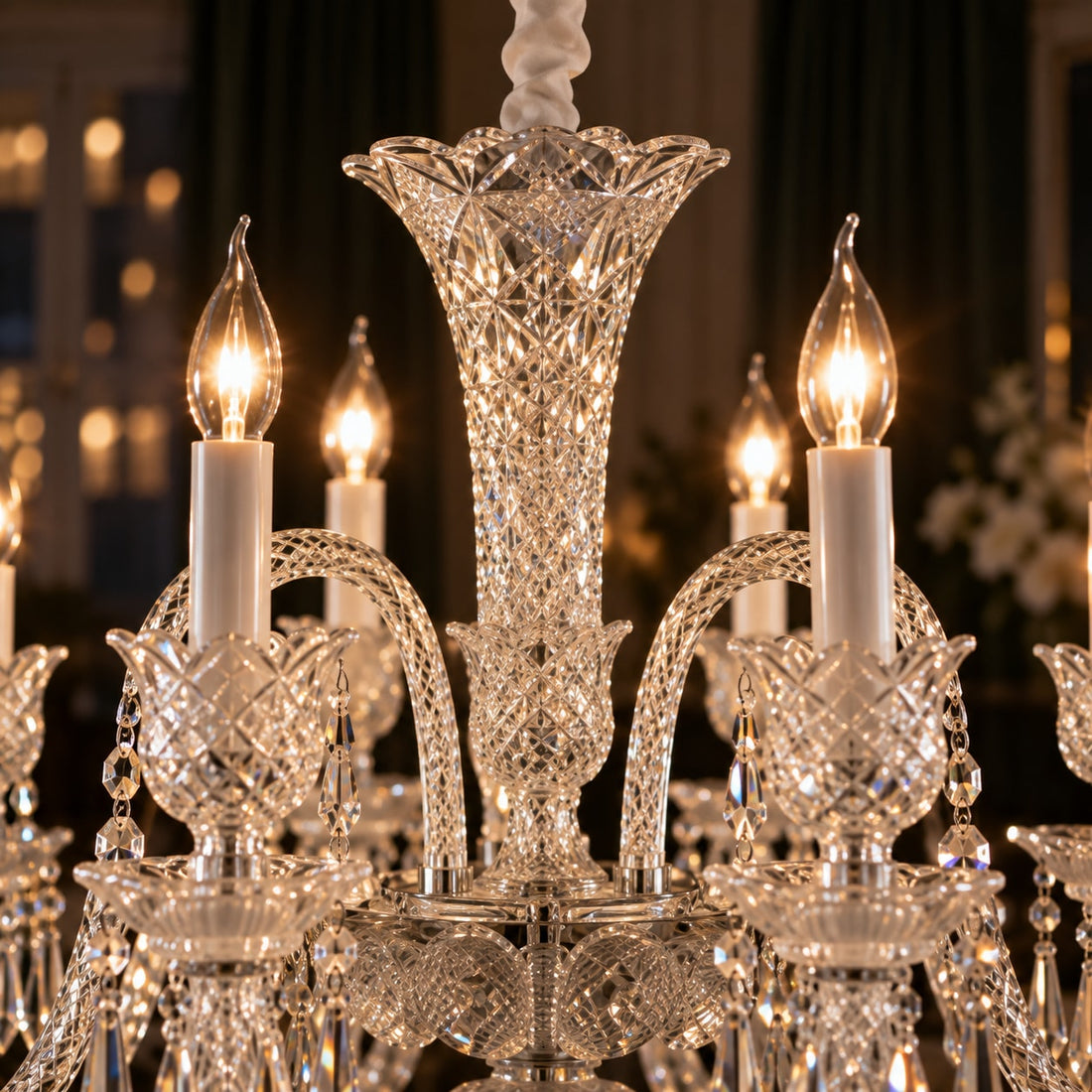 Glas-Kronleuchter mit Kristallbehang, 18–30 Kerzen – Nahaufnahme: der kelchförmige Glasaufsatz in der Mitte mit Rautenschliff und den Kristallketten