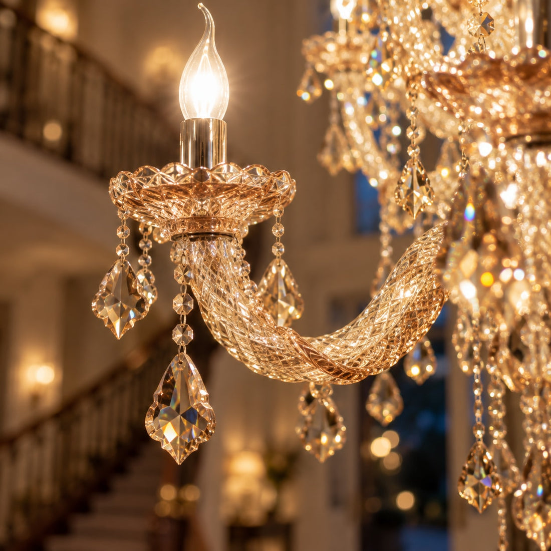 Kerzen-Kronleuchter Cognac-Glas, 24 Arme, Ø 95 cm – Nahaufnahme: ein einzelner Glasarm in Cognac mit Kerzenschale und LED-Kerze