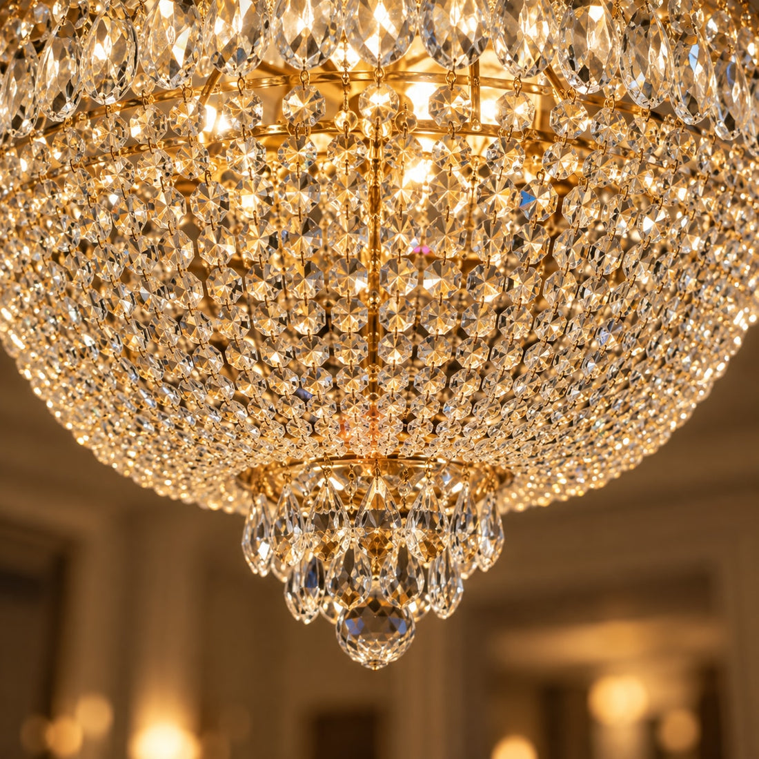 Empire-Kristall-Kronleuchter Gold, 57 oder 80 cm – Nahaufnahme: Schale aus Kristallbehang von unten