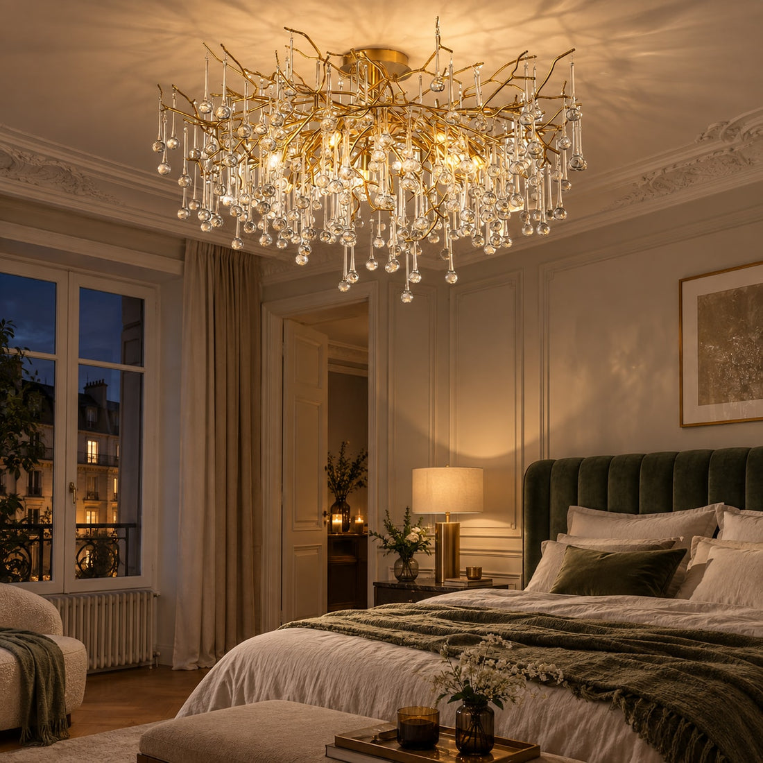 Kristall-Kronleuchter mit goldenen Zweigen und Glastropfen im Schlafzimmer, eingeschaltet