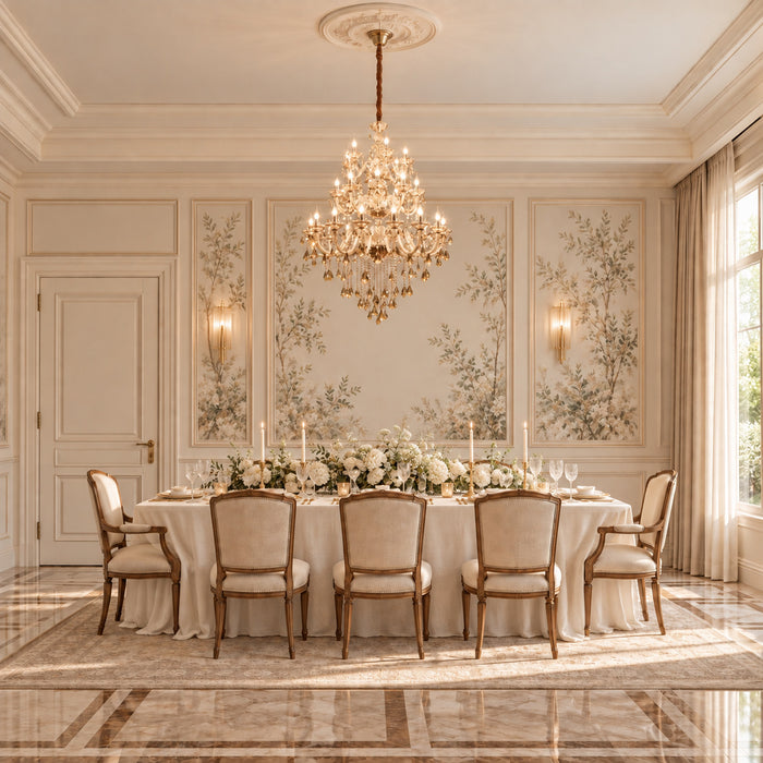Großer Kerzen-Kronleuchter aus Cognac-Glas mit Kristallbehang für Treppenhaus, Eingangshalle und Salon – Leere Hochzeitstafel (Raumvisualisierung, Referenzausführung 24 Kerzen · Ø 95 cm)