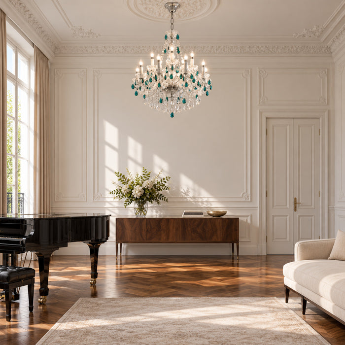 Zweistufiger Kerzen-Kronleuchter aus Glas mit smaragdgrünen Kristalltropfen für Salon und Schlafzimmer – Musiksalon (Raumvisualisierung, Referenzausführung 18 Kerzen · Ø 95 × 81 cm)