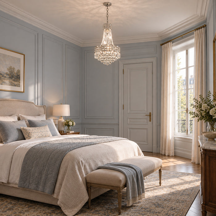 Kristall-Kronleuchter im Empire-Stil für Esszimmer, Wohnzimmer und Eingangshalle – Schlafzimmer am Morgen (Raumvisualisierung)