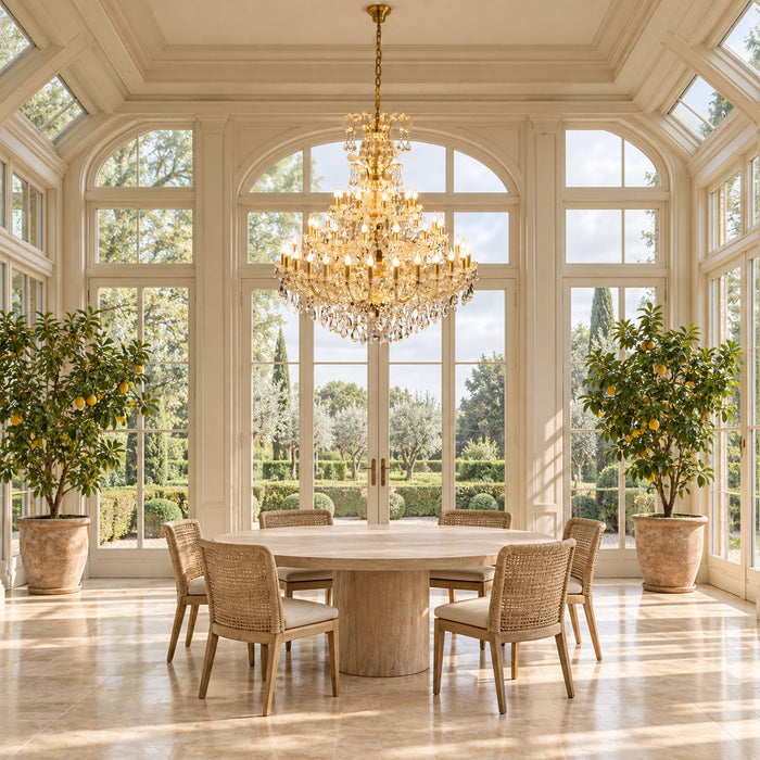 Maria-Theresia-Kronleuchter mit 3 Etagen aus Kristall für Hotelhalle, Treppenhaus und Festsaal – Orangerie (Raumvisualisierung, Referenzausführung Ø 150 cm)