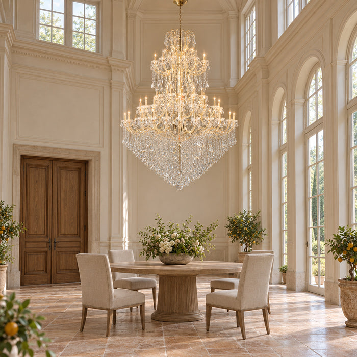 Maria-Theresia-Kronleuchter mit 4 Etagen aus Kristall für Hotelhalle, Treppenhaus und Festsaal – Hohe Orangerie bei weichem Tageslicht (Raumvisualisierung, Referenzausführung Ø 160 cm)