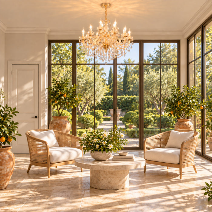 Kerzen-Kronleuchter aus klarem Glas mit Kristalltropfen im Maria-Theresia-Stil für Wohnzimmer, Esszimmer und Salon – Gartensalon (Raumvisualisierung, Referenzausführung 18 Arme · Ø 95 × 70 cm)