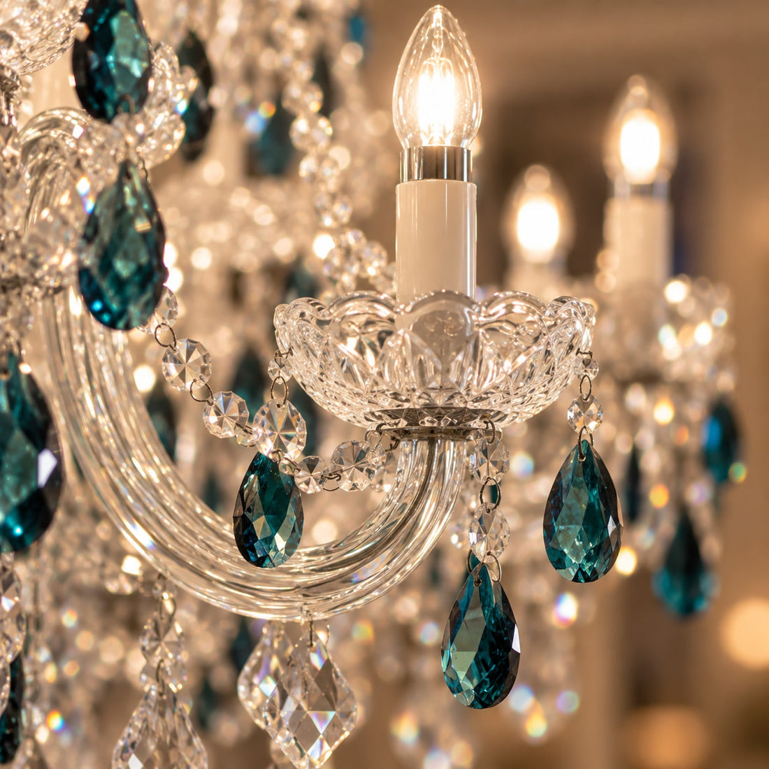 Glas-Kronleuchter mit grünen Kristalltropfen, 15 oder 18 Kerzen – Nahaufnahme: Glasarm mit Kerzenschale und Kerzenlampe