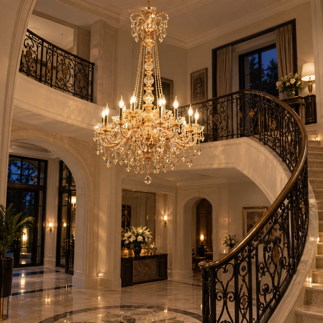 Hoher Kerzen-Kronleuchter in Gold mit Kristallketten im Treppenhaus einer Villa, eingeschaltet